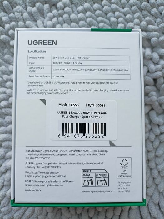 Зарядний пристрій UGREEN 65w GaN PD. Швидка зарядка.