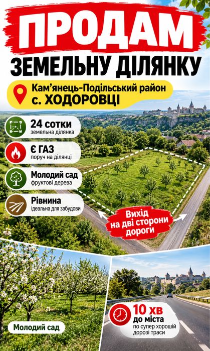 Продам земельну ділянку 24 сотки в Ходоровцях біля Кам’янця-Подільського
