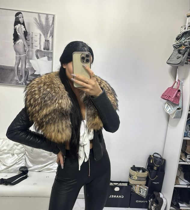 Kurtka skorzana z obszyciem jenota premium futro naturalne jenot skora