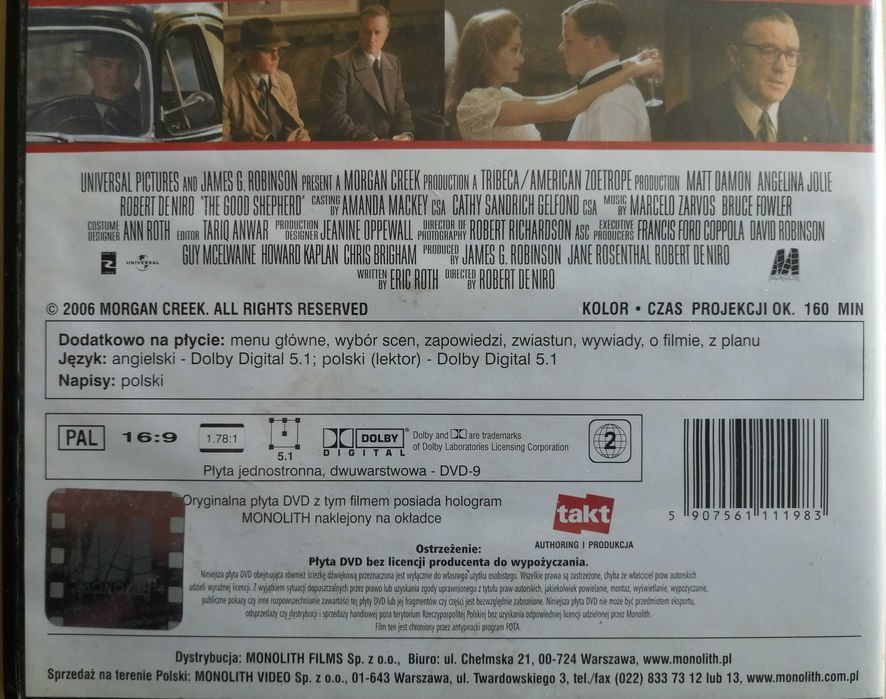 DVD „Dobry Agent” w reżyserii Roberta De Niro, z Mattem Damonem i Angeliną Jolie