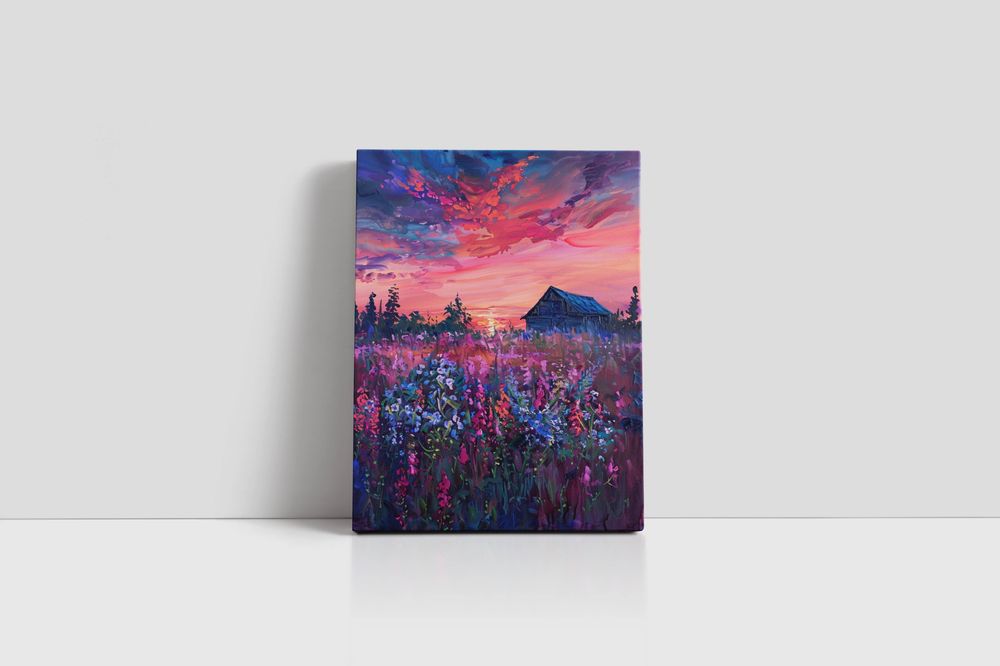 Obraz na płótnie "Zachód Słońca nad Kwiatowym Krajobrazem" 90x120 cm