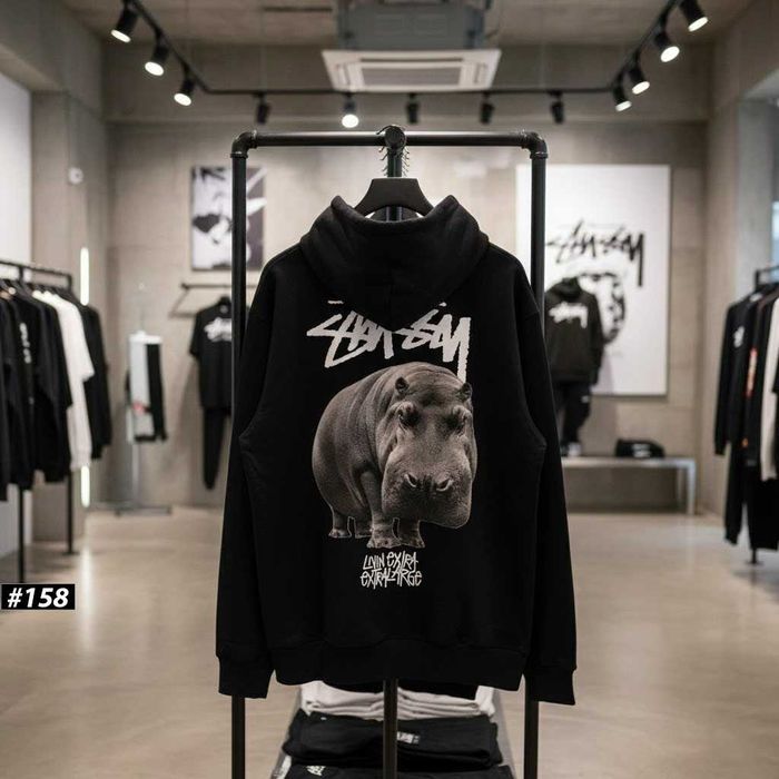 Черное Худи Stussy Hippo » Новая Толстовка Стусси Бегемот » Большой Принт Зипка » XS-XXL