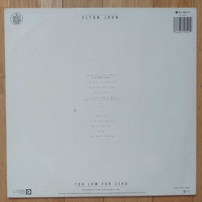 Elton John ‎Too Low For Zero Ger 1983 (VG+/EX)