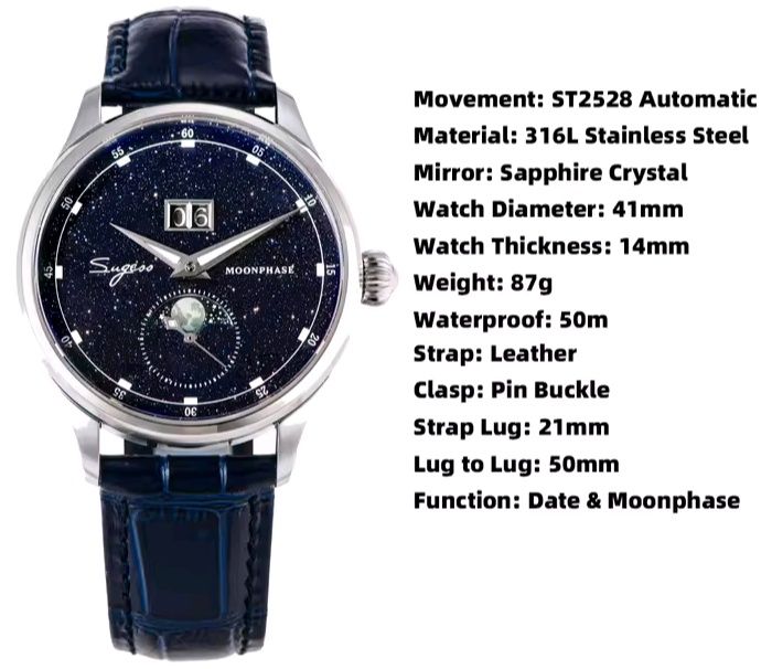 Механічний годинник з фазами місяця Sugess автопідзавод від Sea-gull