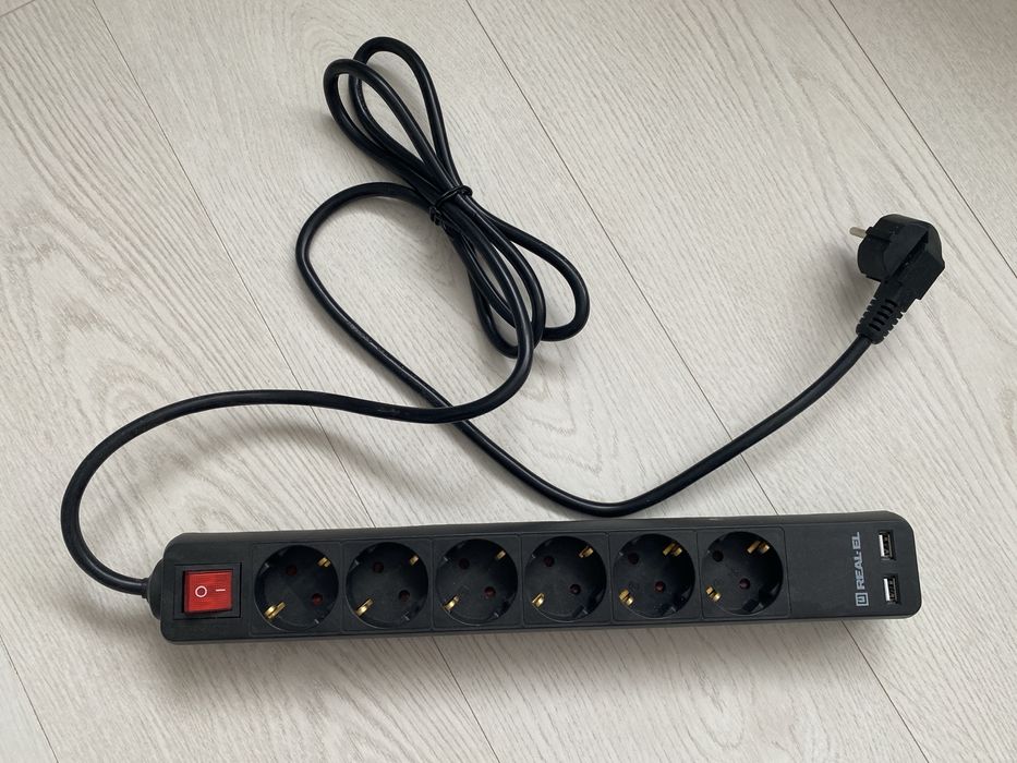Мережевий фільтр REAL-EL, 6 розеток + 2 USB, з вимикачем