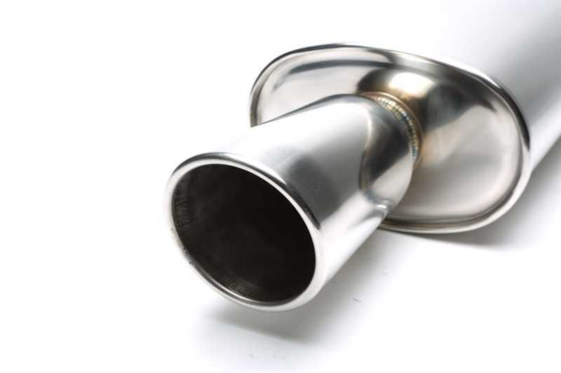 Escape / silenciador traseiro desportivo universal em aço inoxidável (100% inox) com saída de 100 mm redonda obliqua (com corte)