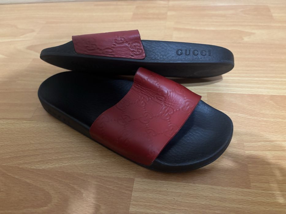 Gucci оригінальні шкіряні сандалі GG Slides (червоні)