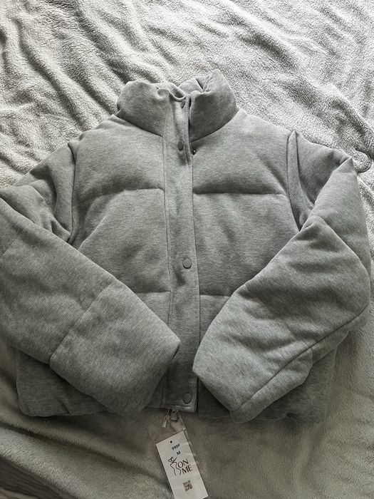 Короткий пуховик меланж трикотаж сірий кашемір пуффер куртка