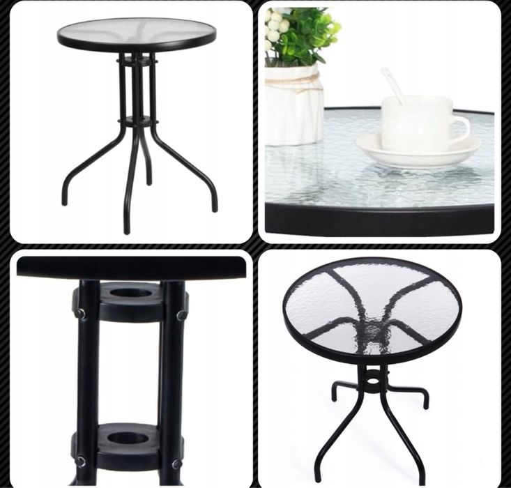 Stół Stolik Ogrodowy Kawowy Okrągły Szklany Metalowy Balkon Taras 60cm