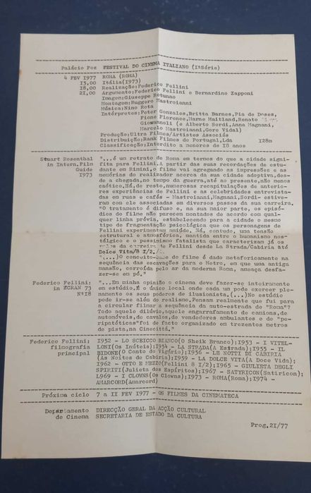Folha Programa Festival de cinema Italiano - Palácio da Foz - 1977