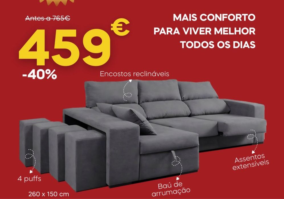 Sofa 3 luhares com bau de arrumação e 4 puffs