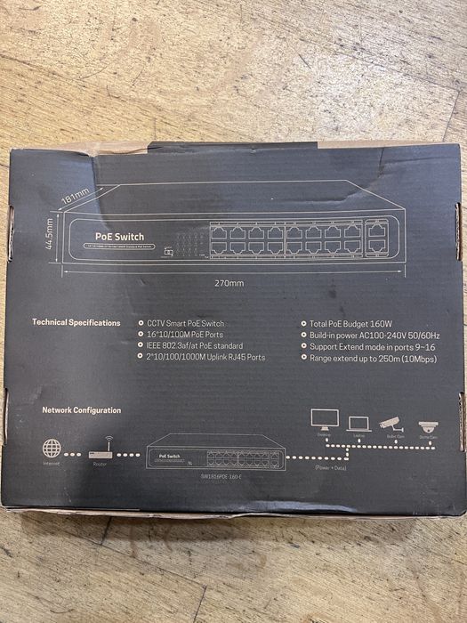 Switch PoE 16 Portas + 2 Uplink Gigabit | Modo Extend 250m 160W