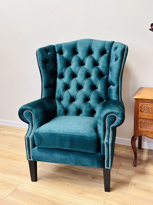 ŚLICZNY fotel uszak w stylu chesterfield w NOWEJ TKANINIE :)