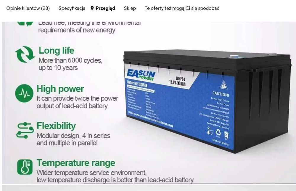 Akumulator EASUN Power 12V 300 ah LiFePo4 - 6000+ cykli, ochrona BMS, ogniwa klasy A