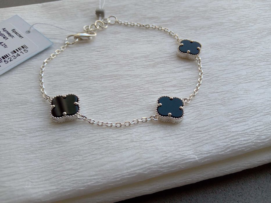 Серебряный браслет Van Cleef Ван Клиф клевер черный оникс 17 18 19 см