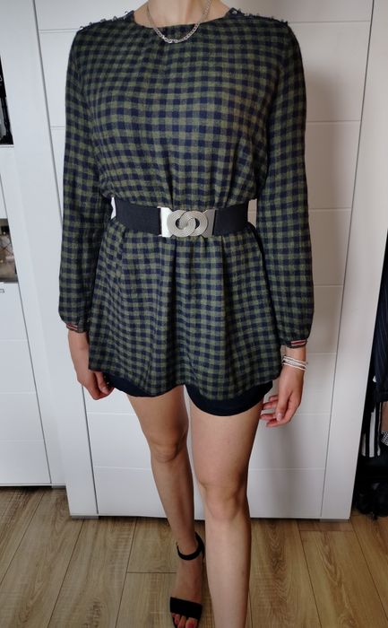 kombinezon Zara L zielono czarny w pepitkę krótki z długim rękawem