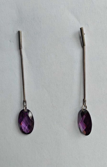 Srebrne długie kolczyki fioletowy kryształ sztyft