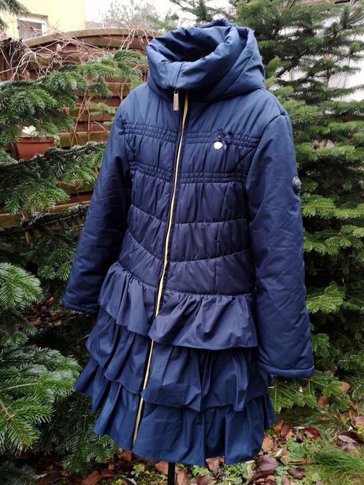 LE Chic Luksusowy płaszczyk 152cm ciemny granat zimowy z kapturem