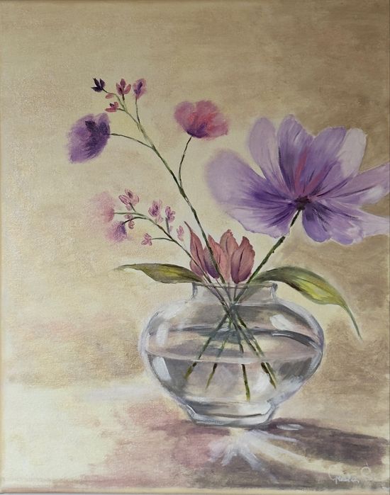 Delikatne kwiaty w szklanym wazonie, olejny 40x50 | nowoczesny