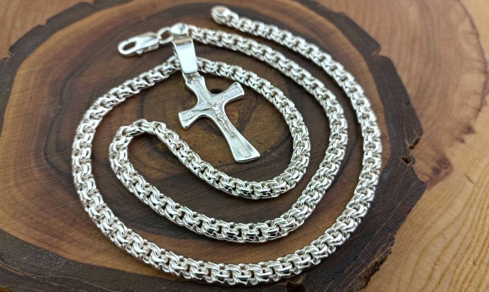 Серебряная цепочка Бисмарк и крестик 925. Ланцюг срібний Бісмарк хрест