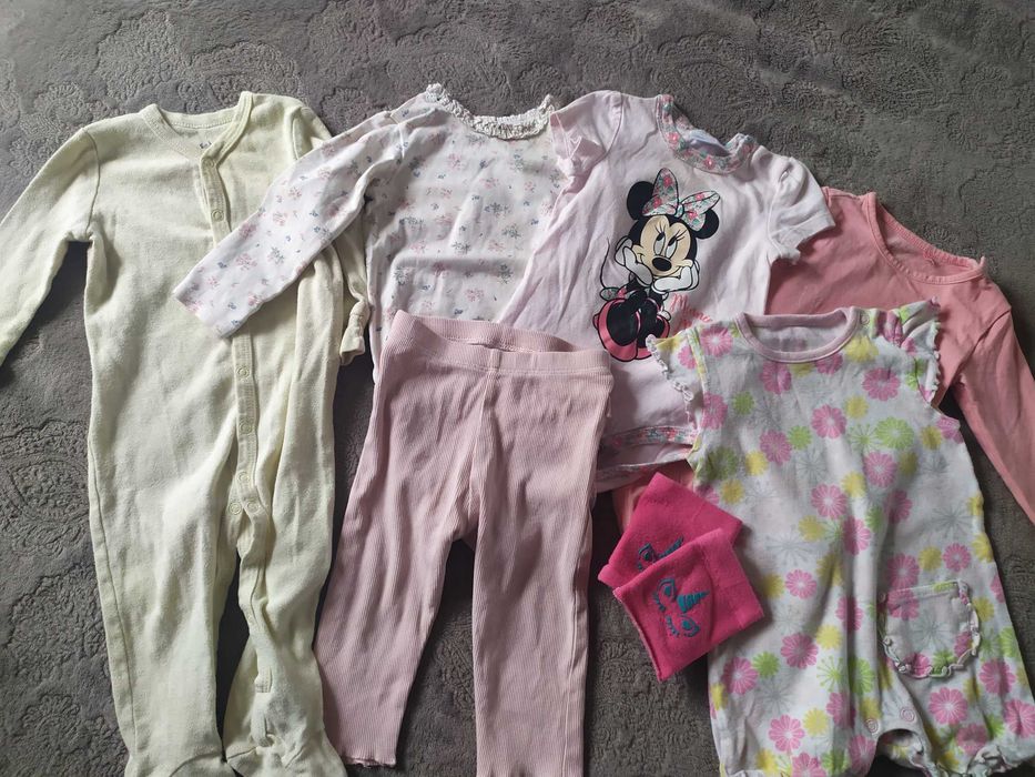 Paka ubrań 74 zestaw rampers body spodnie H&M myszka Miki pajac różowy