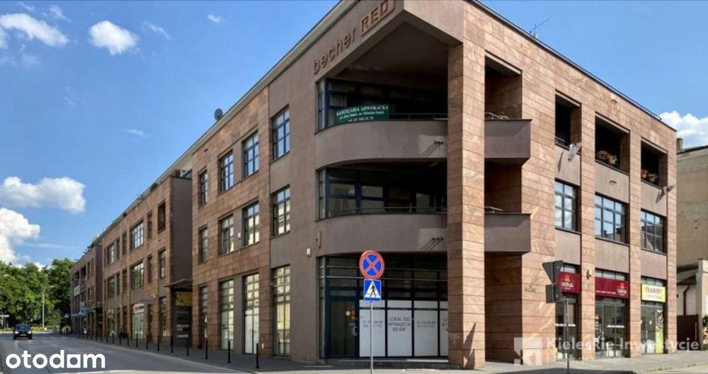 Centrum, parter od ulicy Leonarda z witrynami, budynek Becher RED