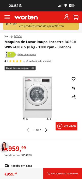 Maquina de Lavar Roupa Encastre BOSCH WIW24307ES (8 kg - 1200 rpm