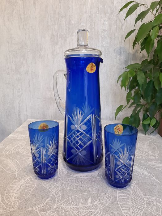 Кувшин и два стакана цветной синий хрусталь