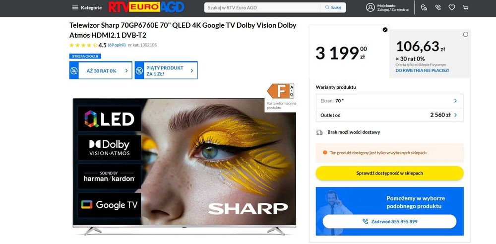 Telewizor Sharp 70GP6760E 70" QLED 4K Smart TV WiFi Google HARMAN K !!