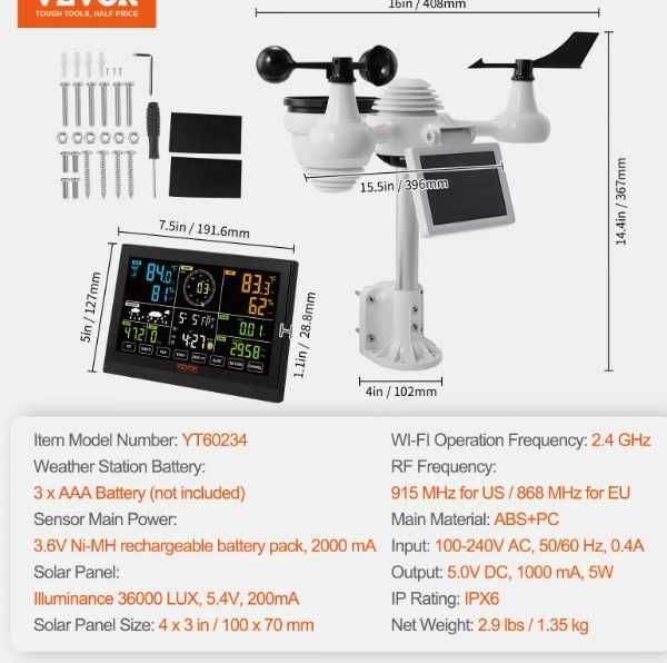 Estação meteorológica, alimentada por painel solar, sem fios