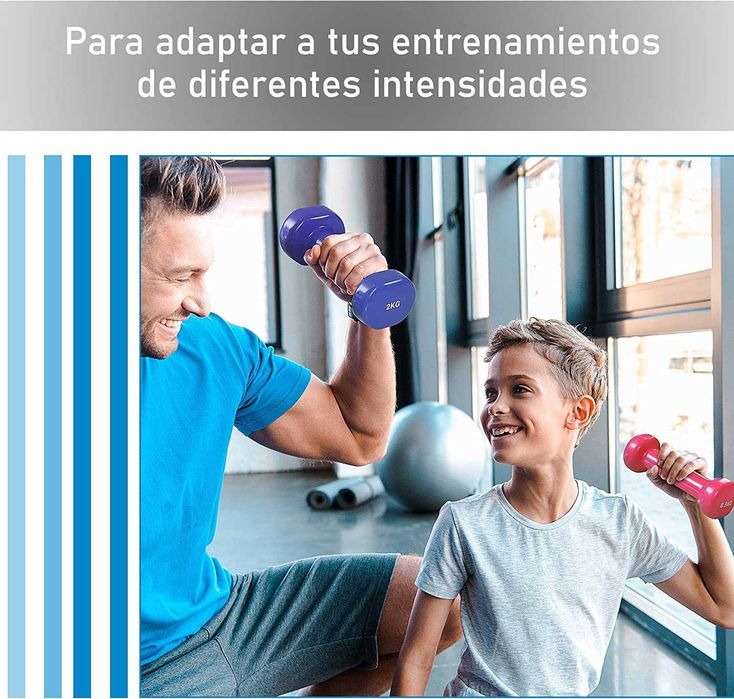 Conjunto de 8 halteres, 4 pares de 0,5 kg, 1 kg, 1,5 kg, 2 kg e caixa