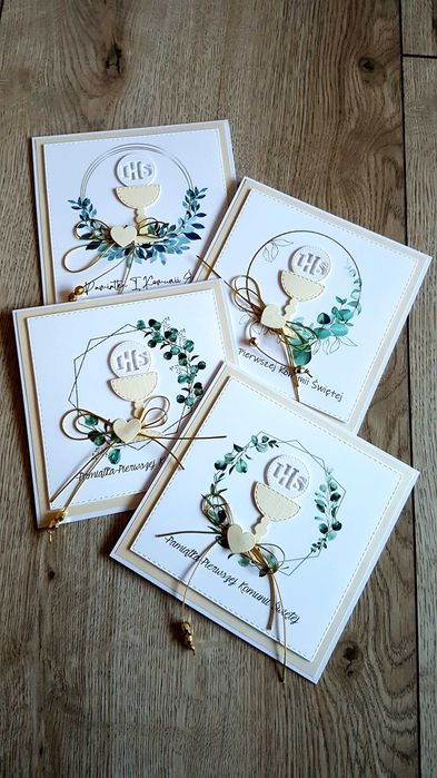 Kartka na Komunię ręcznie robiona z zielonym wiankiem