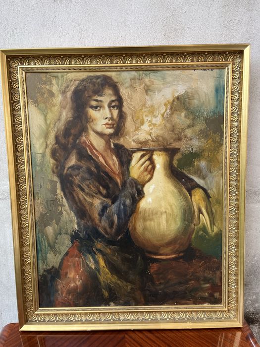 Oryginalny obraz Charlesa Roka kobieta z dzbanem sygnowany 1950–60