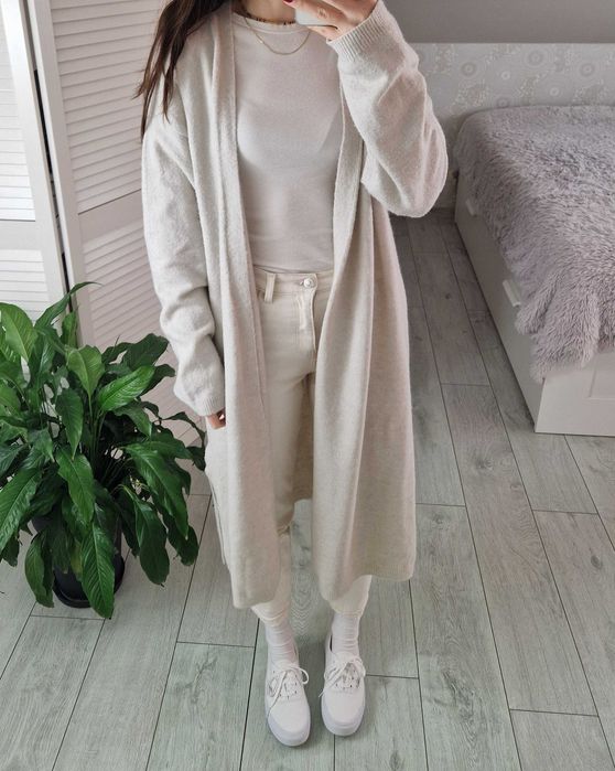 H&M kremowy długi sweter kardigan M