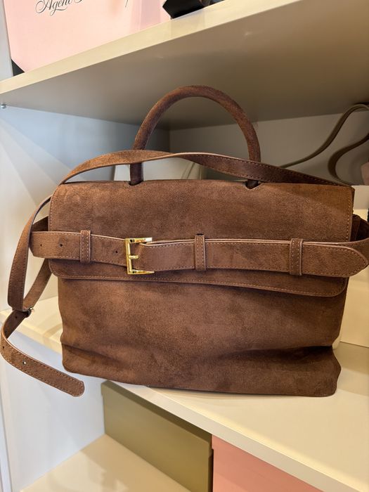 Сумка портфель замшева коричнева з золотою фурнітурою та ручкою