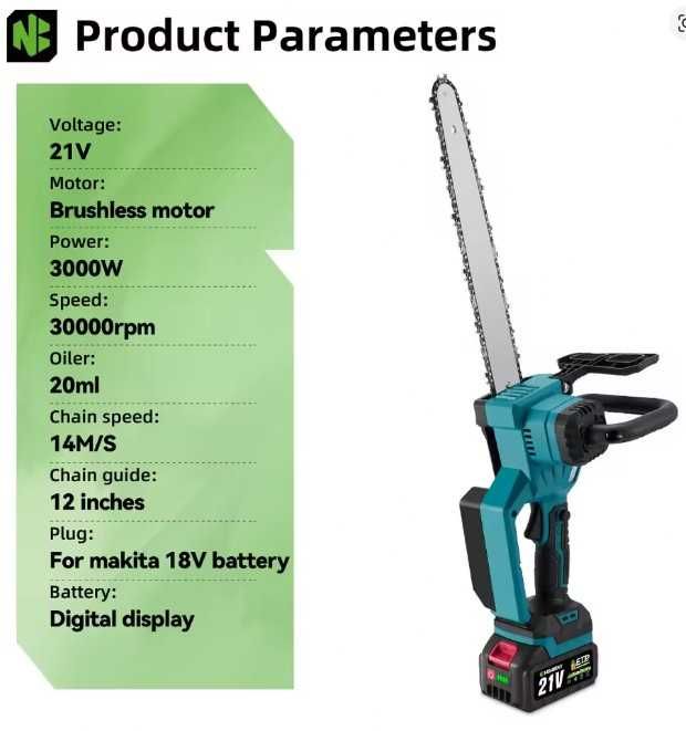Motosserra Elétrica Recarregável 12" 3000W c/ Mala