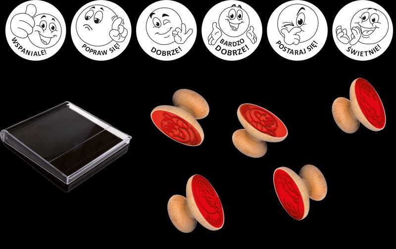 ADAMIGO PIECZĄTKI motywujące 6 SZT Drewnianych STEMPLI + poduszka