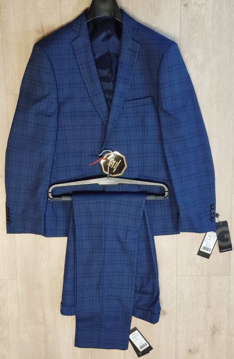 Granatowy garnitur w kratę  Giacomo Conti Nowy! Wyprzedaż - 60%. Szybk