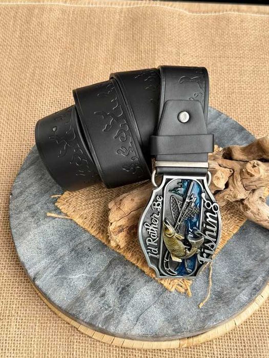Pasek męski ryba Fish wędkarz wędkarski jeans western czarny Black