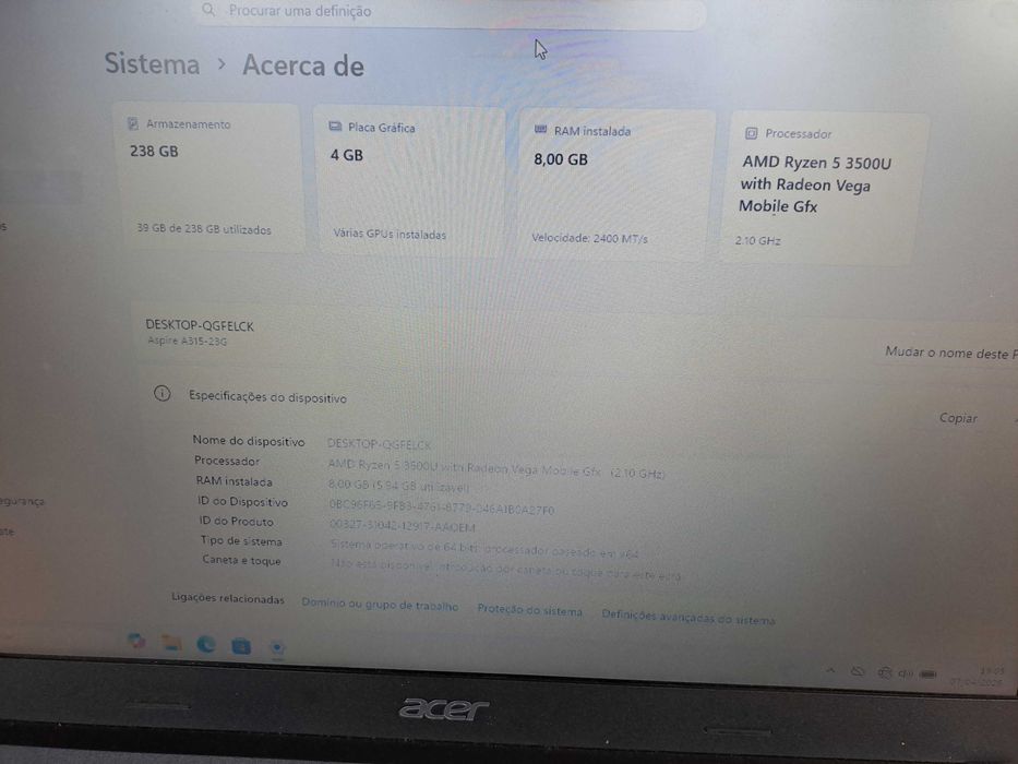 Acer A315-23 Geração Windows 11 AMD Ryzen 5 3500U 8Gb Ram Gráfica 4Gb Dedicados Novo