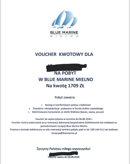 1709 zł Voucher Hotel Blue Marine Mielno Morze Bałtyckie