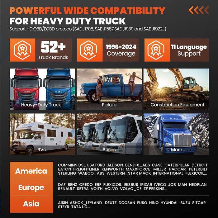 Launch CRP129HD Ciężarowe Autobusy Koparki Traktory ADBLUE DPF I inne
