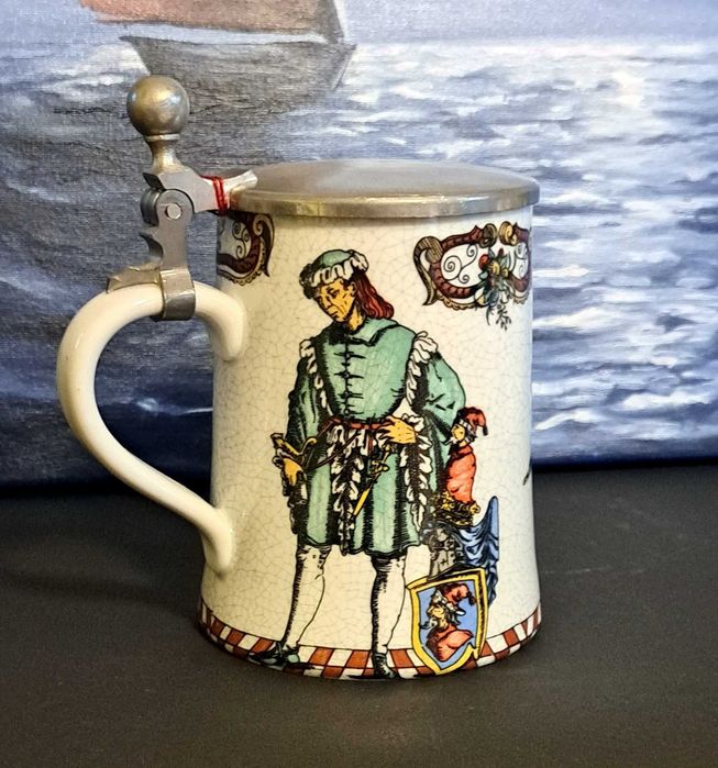 Kufel ceramiczny " Szlachcic " - Kolekcjonerski - Dekiel cynowy !