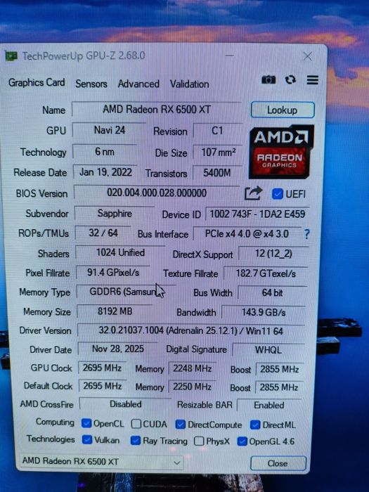 Saphhire RX 6500xt 8gb.