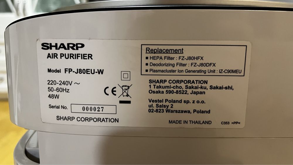 SHARP FP J180EU-W oczyszczacz i jonizator powietrza