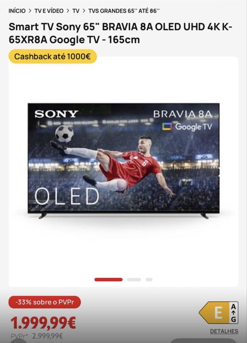 Smart TV SONY 65 Oled 165cm ( SELADA )