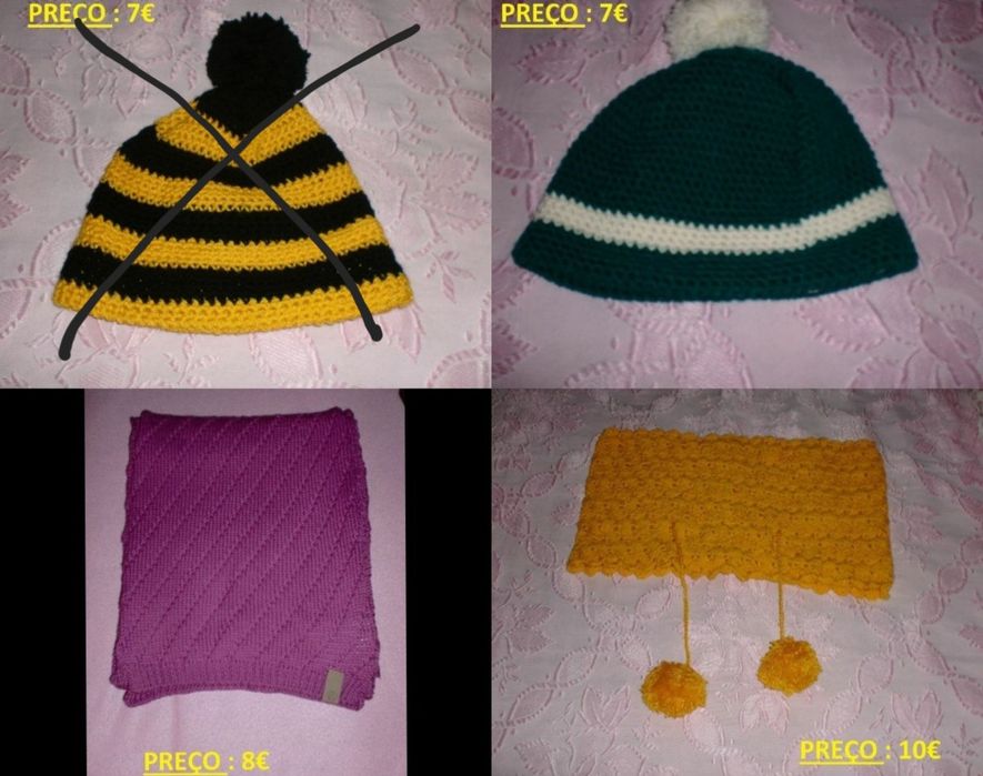 Cachecol cor de rosa / Gola amarela / Gorro verde – novos