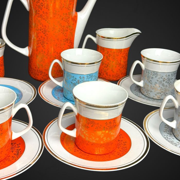 Włocławek Serwis kawowy Aleksander Sowiński kolorowy kwiaty B41/5124