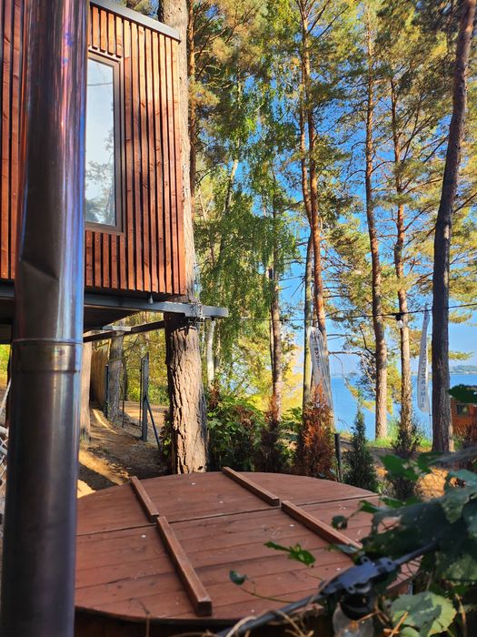 Domek na drzewie z jacuzzi nad brzegiem jeziora. Domek nad wodą