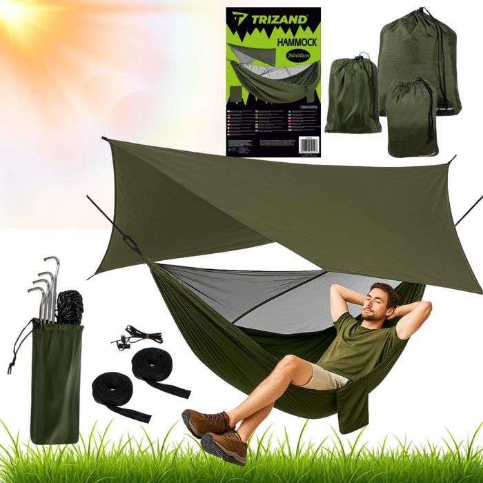 Hamak Turystyczny z Moskitiera i Tarpem dwusobowy na biwak SURVIVAL